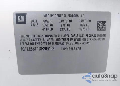 2016 Chevrolet Malibu 1Lt z USA, uszkodzony, nr VIN 1G1ZE5ST1GF209163